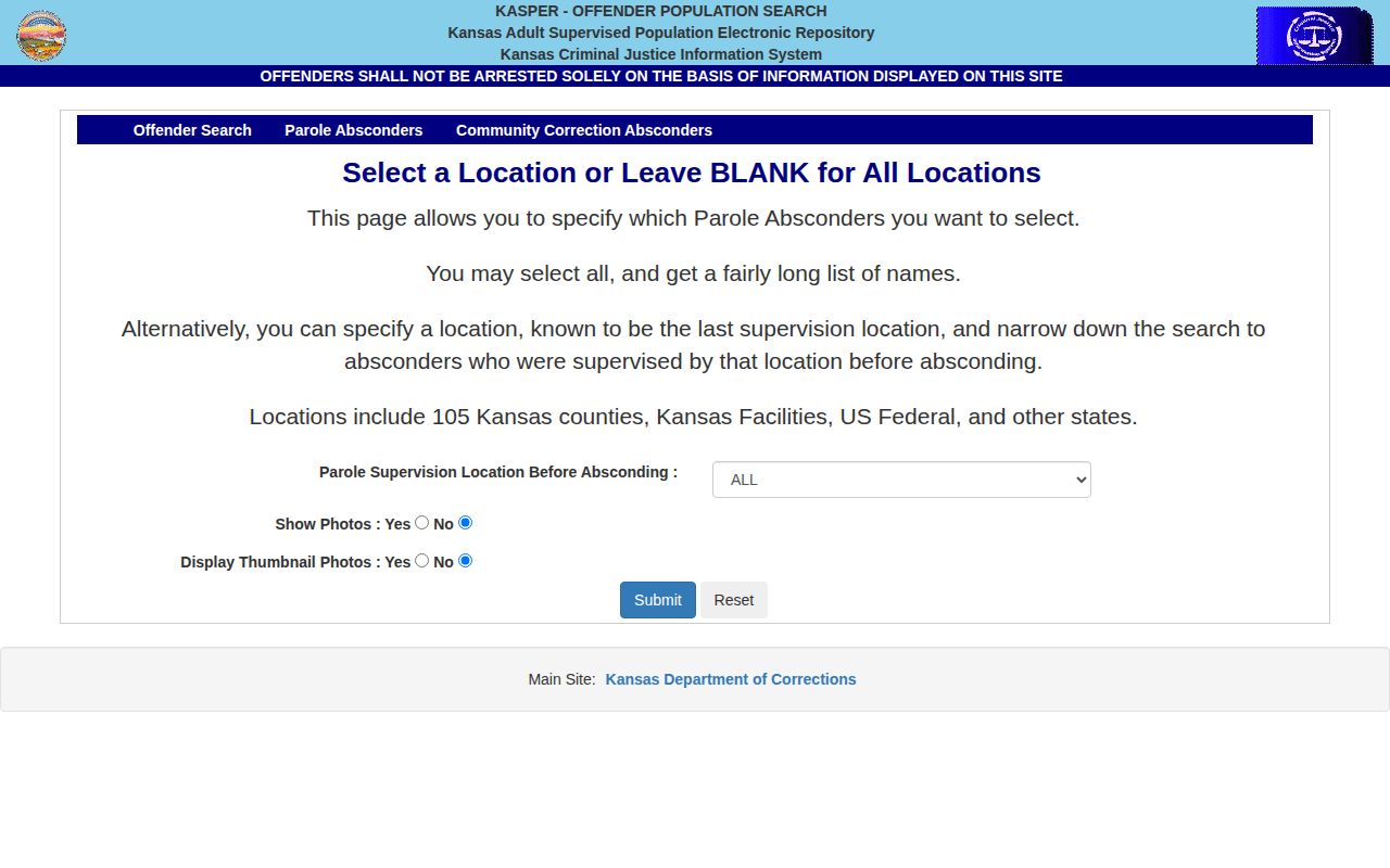 Kansas parole absconder search showing Pratt as a prior supervision location option