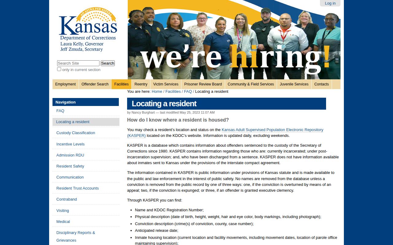 Kansas Department of Corrections locating guidance for KASPER and anticipated release dates